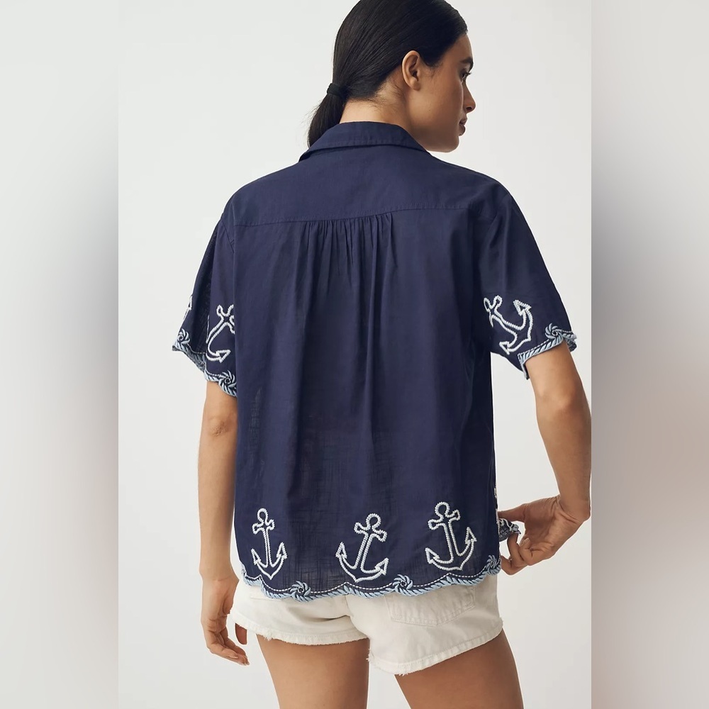 Anthropologie Maeve Henrietta Buttondown Surf Shirt Embroidered Anchor - Picture 4 of 11